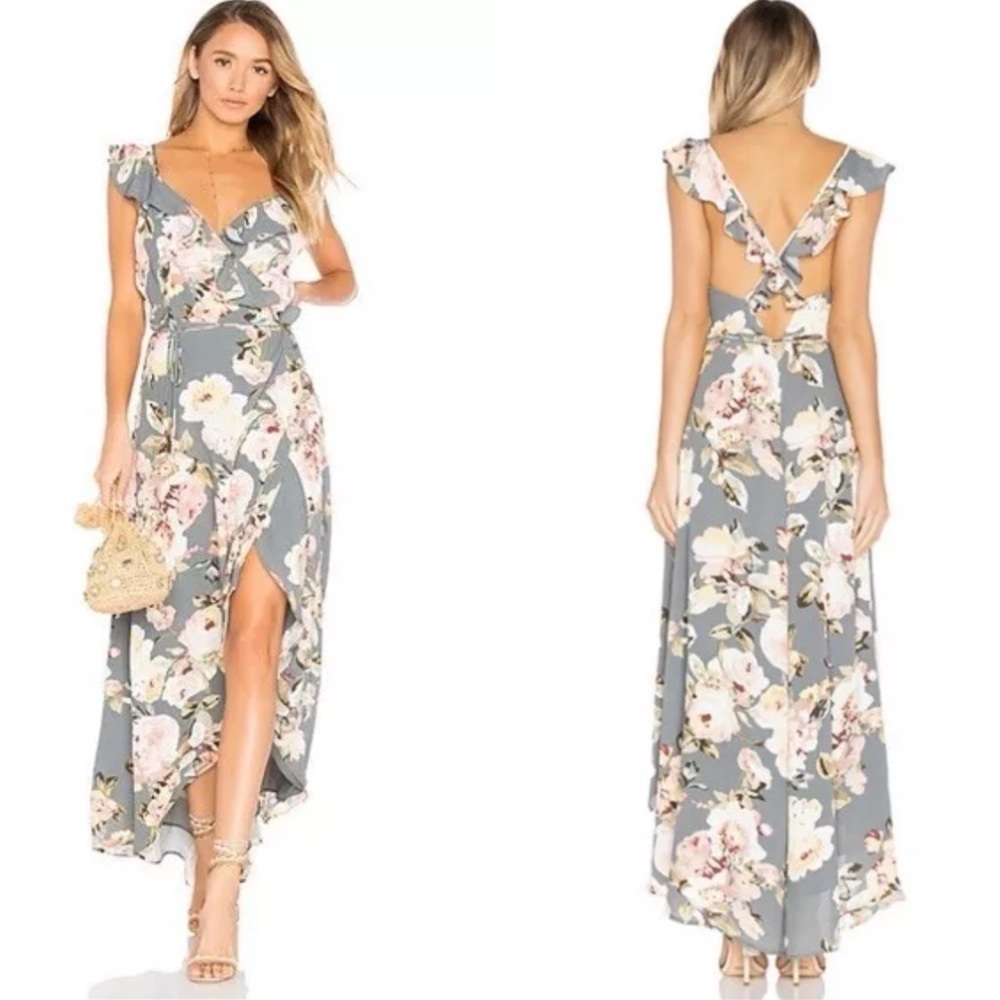 Privacy Please wrap dress Floral Maxi Dress with Ruffle Sleeves SMALL NEW